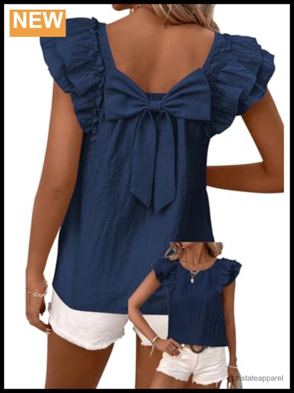 Womens Summer Bow Tie Back Ruffle Sleeve Babydoll Blouse
